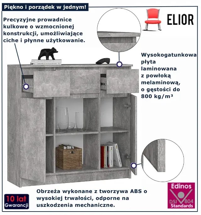 Nowoczesna komoda z szufladami oraz półkami beton F7-E25