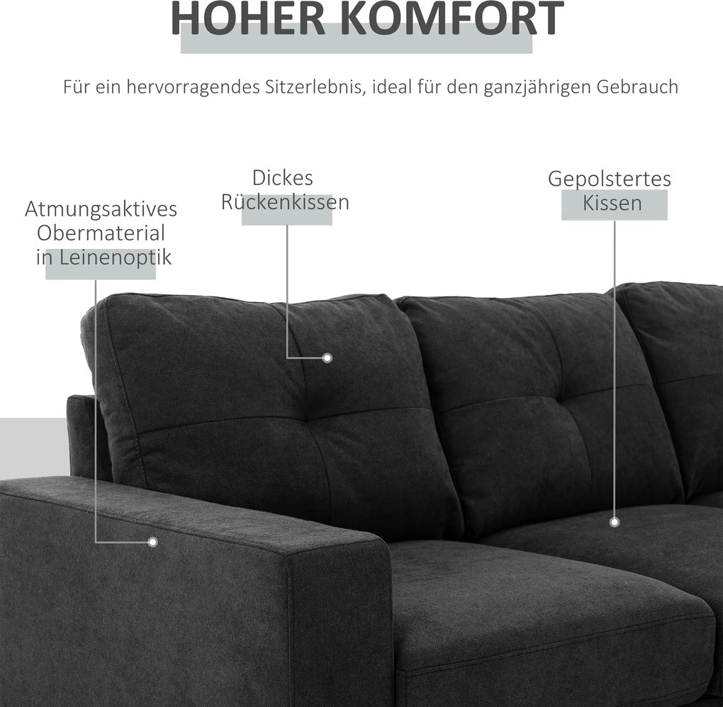 HOMCOM Narożnik L lniany styl Czarna kanapa 3-osobowa Komfortowa i stylowa Tapicerka tkaninowa 193x136x85 cm | Aosom PL
