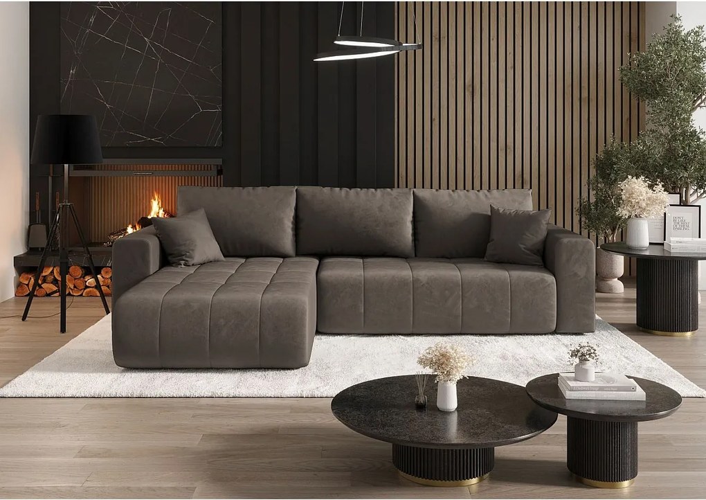 Narożnik z funkcją spania MILO Monolith 15 brązowy lewy sofa w kształcie L z pojemnikiem na pościel sofa do salonu, sofa rozkładana, sofa z pojemnikiem