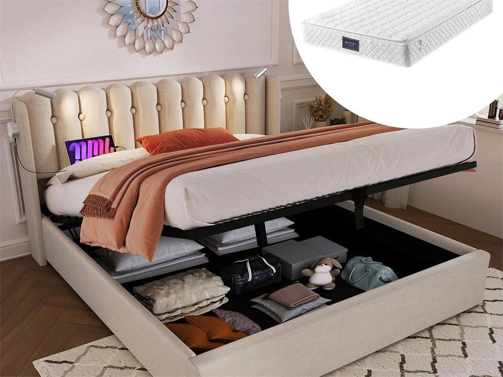Łóżko ze schowkiem 140 x 200 cm - lampka do czytania i USB - tkanina lniana - kolor naturalny + materac