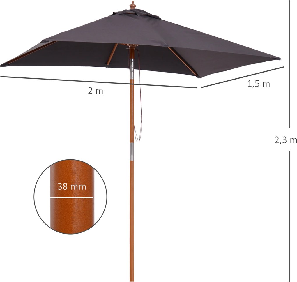 Outsunny Parasol Ogrodowy Drewno Jodłowe Poliester Ciemnoszary 3Stopniowa Regulacja 200x150x230cm | Aosom PL