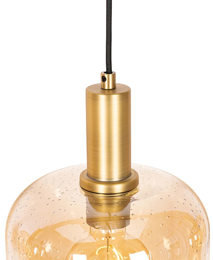 Designerska lampa wisząca czarna z mosiądzem i bursztynowym szkłem 4-światłowa - ZuzannaDesignerski Oswietlenie wewnetrzne