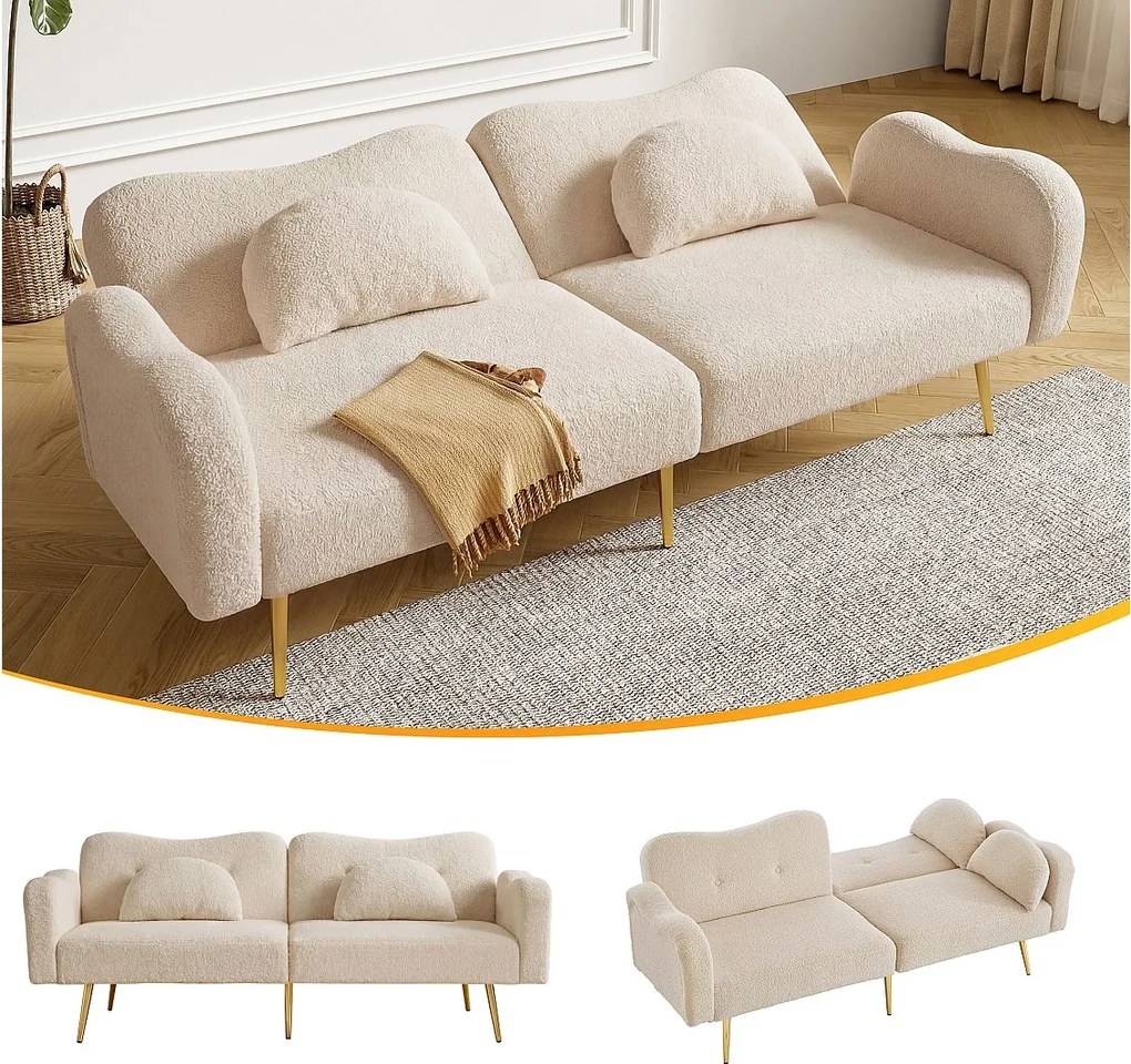 Sofa 2-osobowa rozkładana - 175 x 79 x 82 cm - z regulowanym oparciem - nogi metalowe w kolorze złotym - aksamit - beż