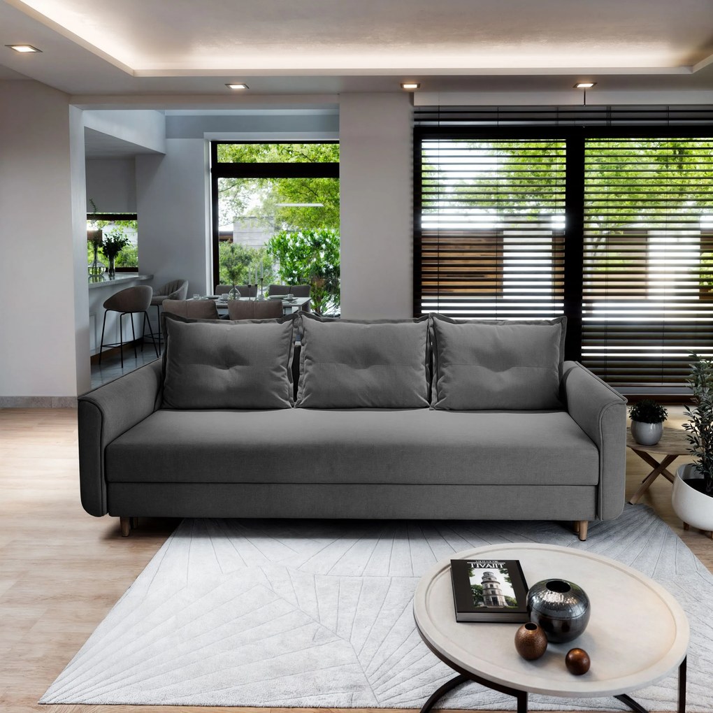 Masseno Sofa NAPOL z funkcją spania i pojemnikiem na pościel, Rozkładana sofa - Szary, PAROS 06