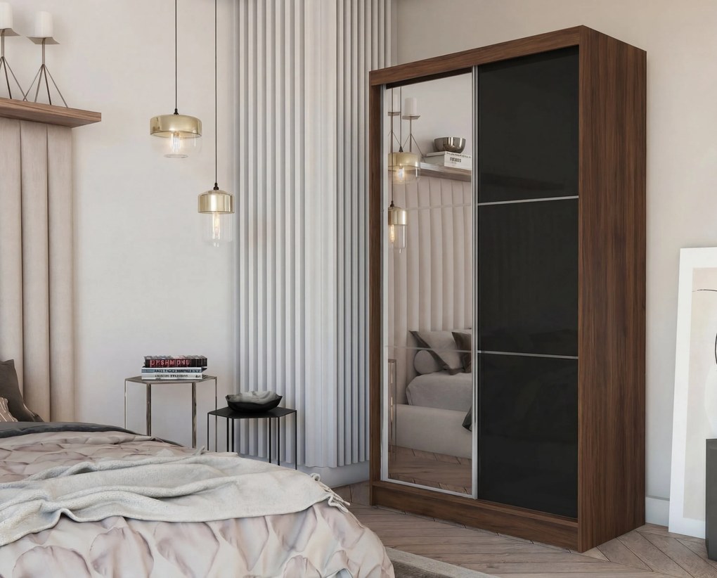 Szafa Przesuwna VITALE 120 cm z Lustrem Szafa Dwudrzwiowa z Szufladami Orzech