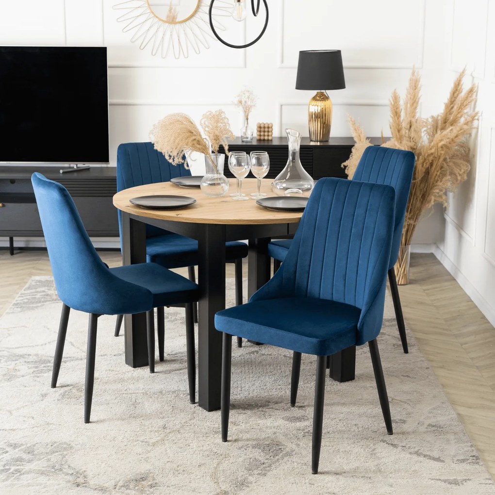 Zestaw Stół Okrągły Rozkładany HARRY 102-142 cm Dąb Artisan/Czarny i 4 Krzesła Tapicerowane BARI Granatowe Nowoczesne