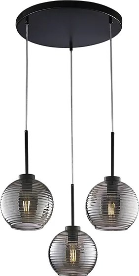 Lampa wisząca Ankara z czarnego lakierowanego żelaza, regulowane kable, klosze z lustrzanego szarego szkła dmuchanego z wypukłymi paskami, 3 światła