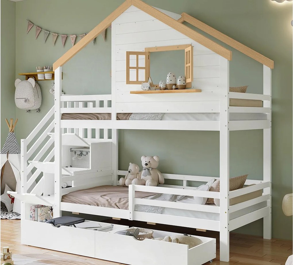 Łóżko piętrowe 90x200 cm - z schodami do przechowywania - z 2 szufladami - z dachem i oknami - Drewno lite + MDF - Białe + Naturalne