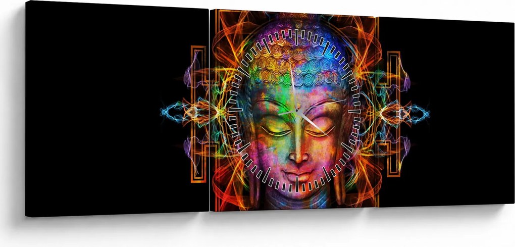 Obraz - Popiersie Buddy w neonowych kolorach (z zegarem) (90x30 cm)