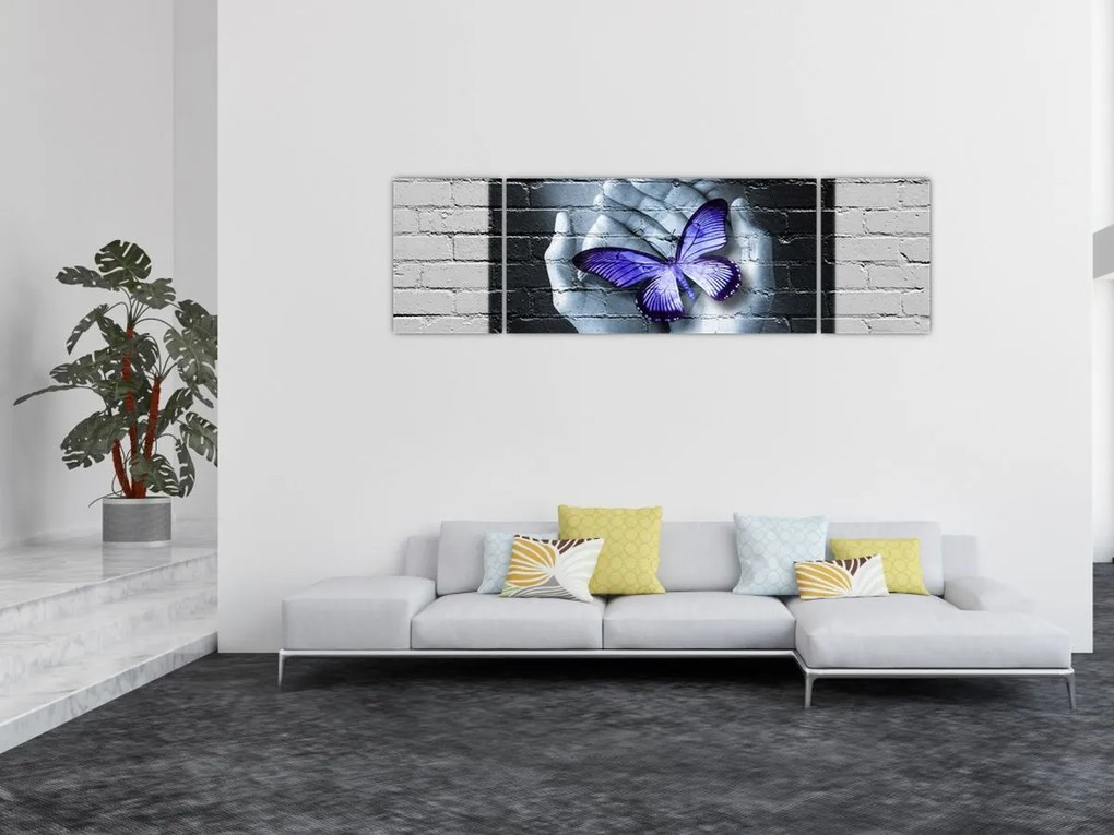 Obraz - Fioletowy motyl na ścianie (170x50 cm)