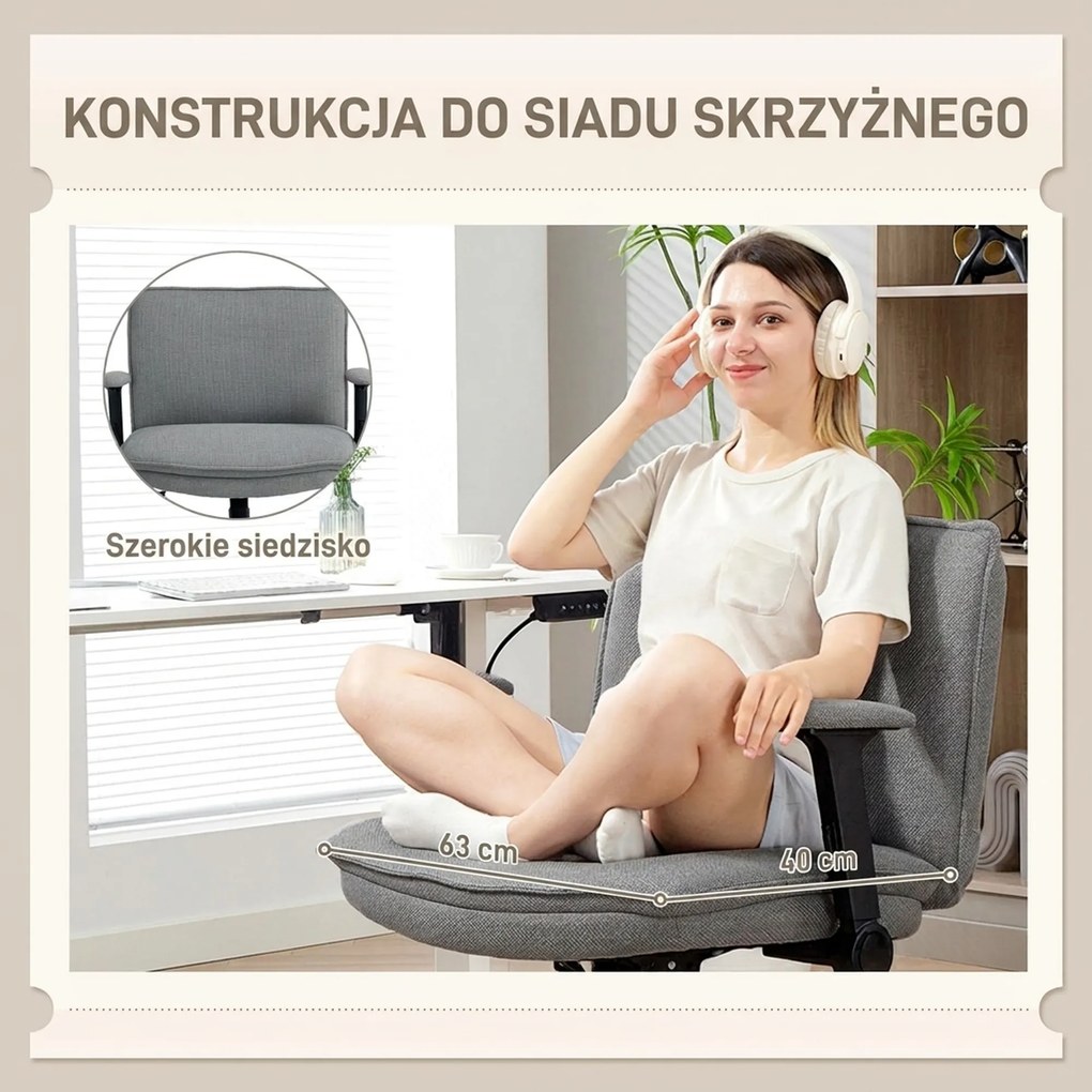 HOMCOM Krzesło biurowe z podnoszonymi podłokietnikami, szerokie krzesło biurowe w stylu lnianym, regulowane pod kątem wysokości, na bazie ze stali, szary