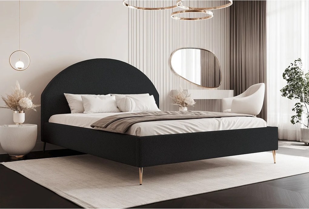 BESILIO Łóżko tapicerowane Boucle 160x200 Velora II - stelaż listwowy, wezgłowie, pojemnik, łóżko slim, wysokie złote nogi - Czarny