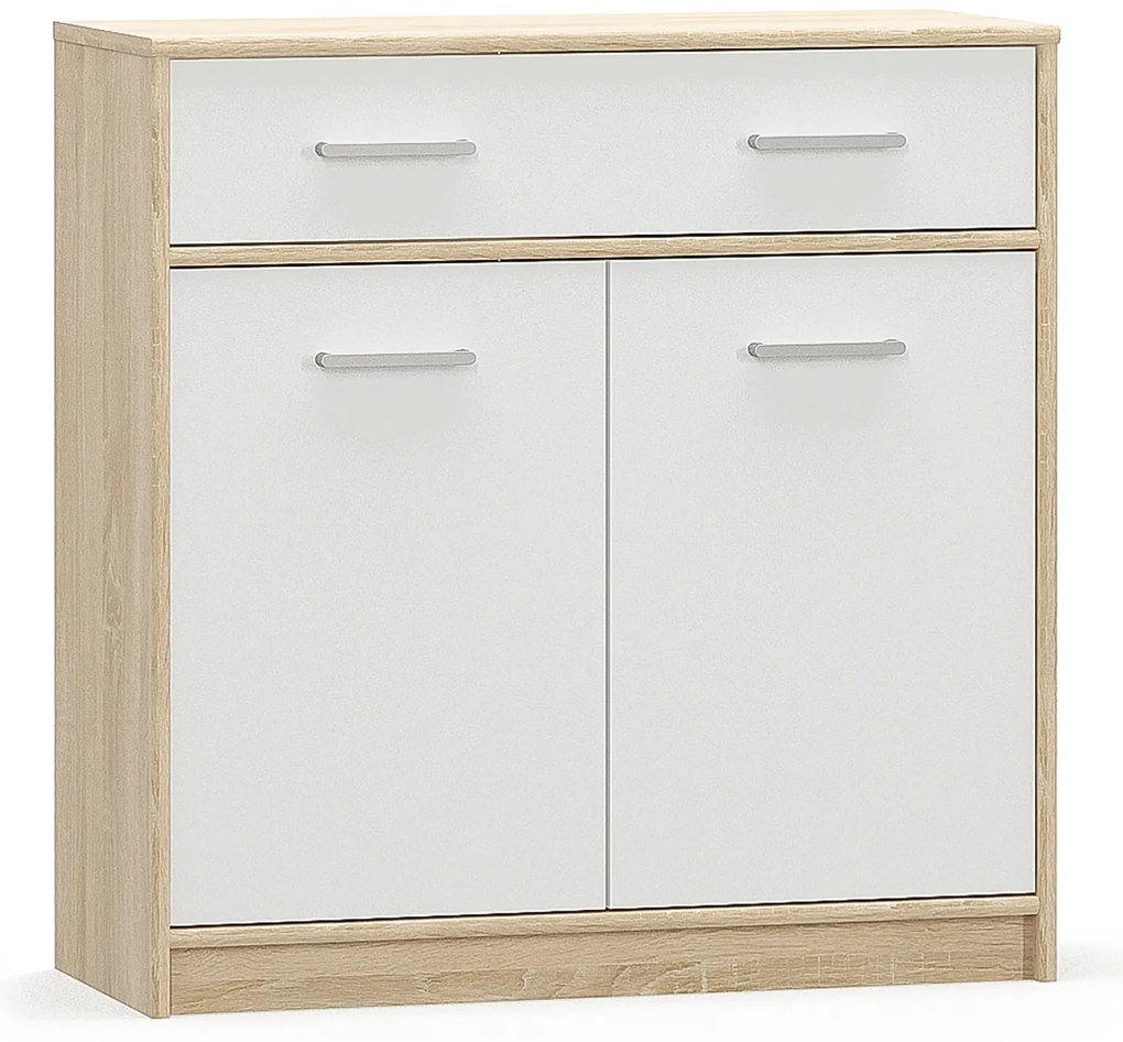 Komoda Dwudrzwiowa z Szufladą Wąska do Salonu DEW 83 cm Dąb sonoma/biała Nowoczesna