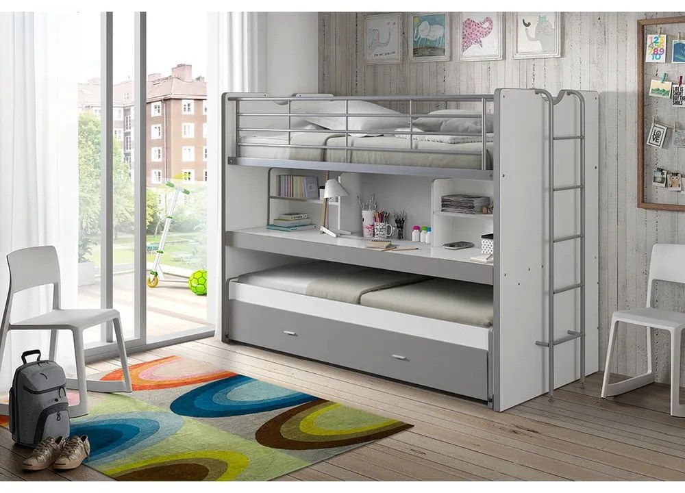 Biało-szare dziecięce łóżko piętrowe z wysuwanym łóżkiem, schowkiem i stelażem 90x200 cm Bonny – Vipack