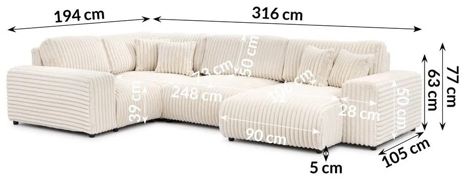 Kremowy sztruksowy narożnik (lewostronny/w kształcie litery U) Justin – Ropez