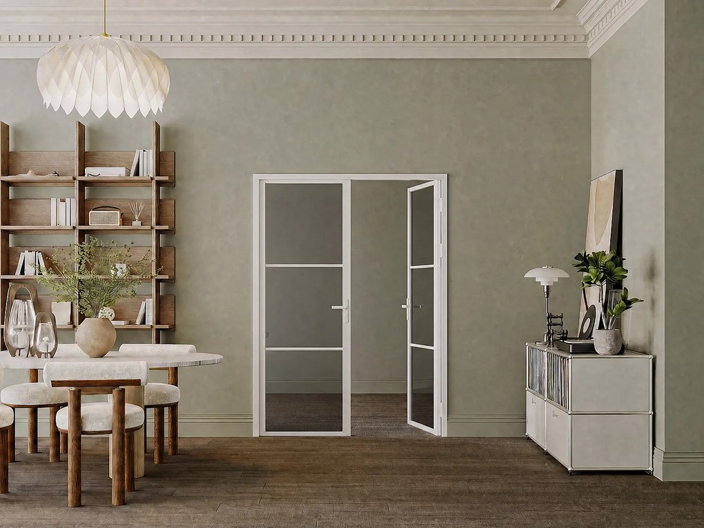 Drzwi z ościeżnicą dwuskrzydłowe odwracalne z Aluminium i Szkła hartowanego Przydymionego - 2 x wys. 204 x szer. 73 cm - Biały MASERU