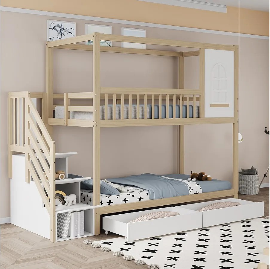 Łóżko piętrowe 90x200 cm z litego drewna, projekt domku z oknami, barierką zabezpieczającą, szufladami i drabinką, naturalny kolor drewna