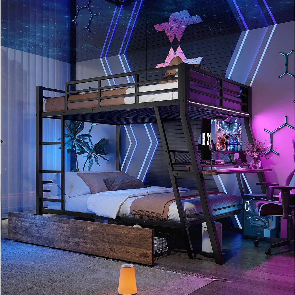 Łóżko piętrowe dla dzieci - 140 x 200 cm - rama żelazna - z diodami LED + 2 szuflady + biurko - Metal + MDF - czarne