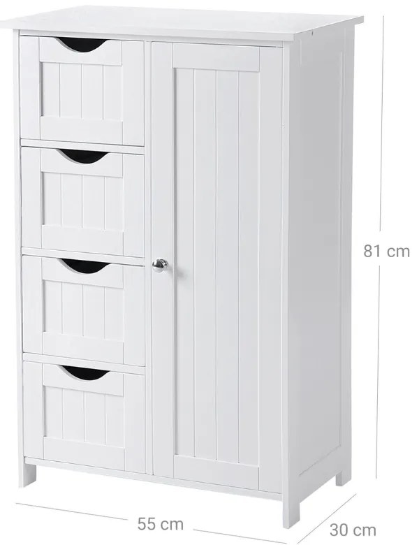 Szafka do łazienki z 4 szufladami i półką PAULA, 55x30x81cm, biała Vasagle