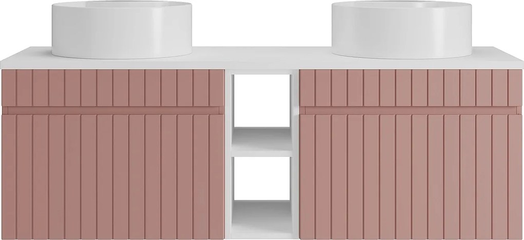 Wisząca, prążkowana szafka łazienkowa z wnękami i podwójną, okrągłą umywalką nablatową – Różowa – L140 cm – SATARA