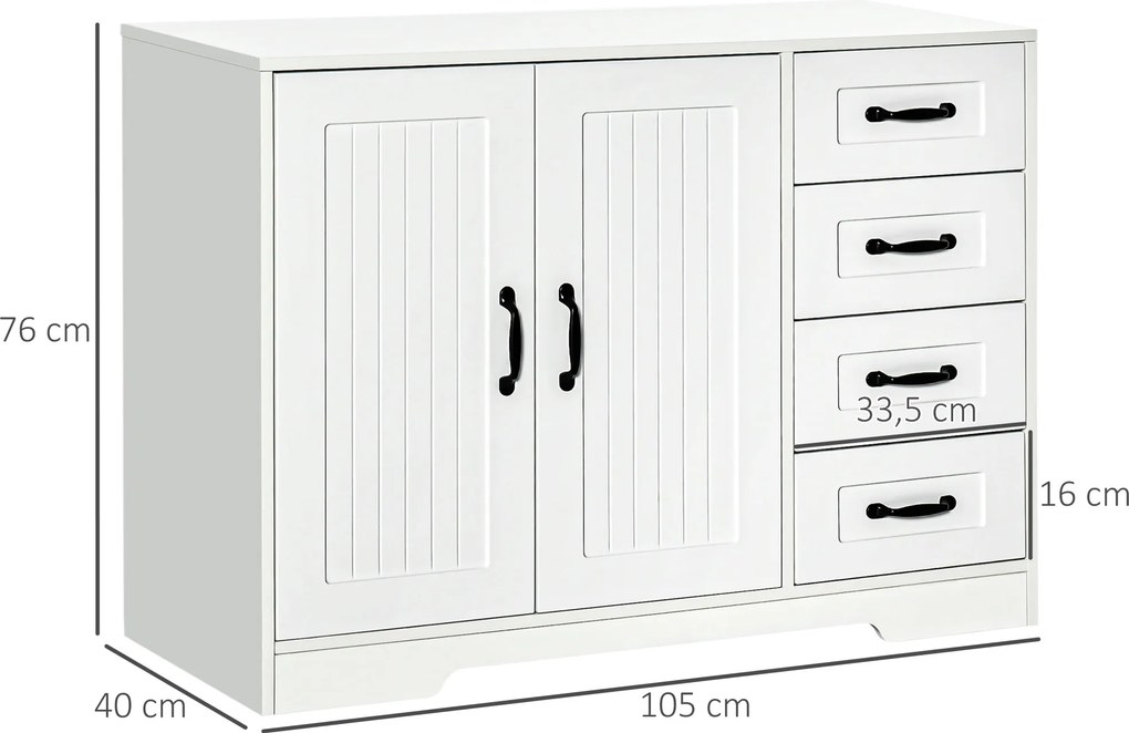HOMCOM Komoda z 4 szufladami, szafka kuchenna z regulowaną półką, zabezpieczenie przed przewróceniem, kolor biały, 105 x 40 x 76 cm | Aosom PL