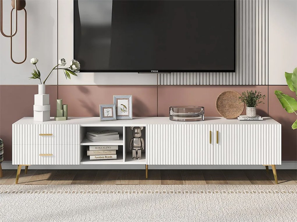 Szafka RTV z 2 drzwiami, 2 szufladami i 2 wnękami - MDF - nogi metalowe - biała