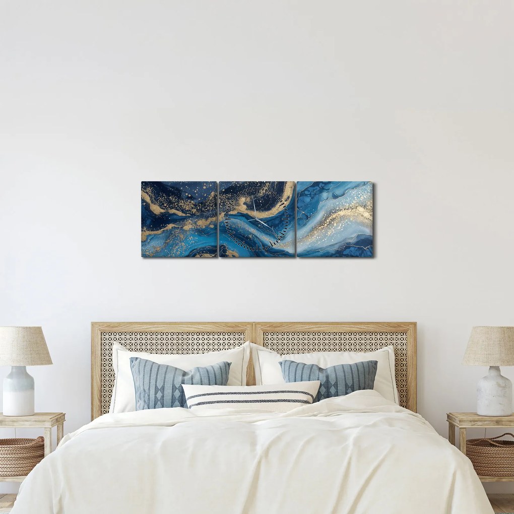 Obraz - Abstrakcyjny niebiesko-złoty marmur (z zegarem) (90x30 cm)