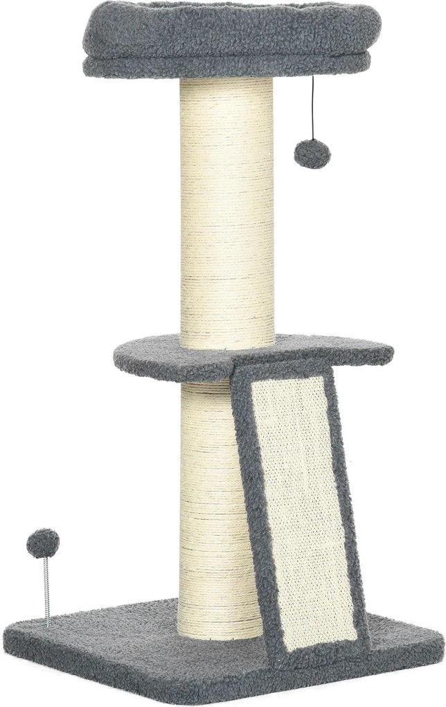 PawHut Drapak Platforma Zawieszona Piłka Sizal Ciemnoszary Cremowy Stabilny 48x48x92cm | Aosom PL