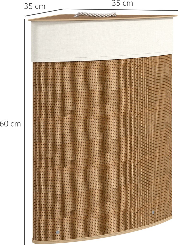 HOMCOM Kosz na pranie w kształcie narożnym z plecionki bambusa, 55 litrów, worek na ubrania, metalowa rama, Brązowy