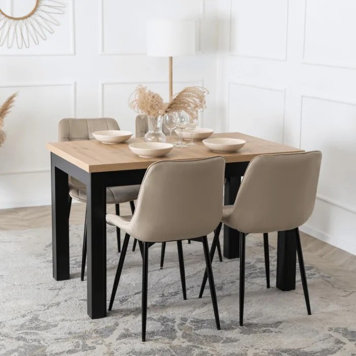 Zestaw Stół Rozkładany SKUBI 120-160 cm Dąb Craft/Czarny i 4 Krzesła Tapicerowane CHRIS Beżowe Nowoczesne
