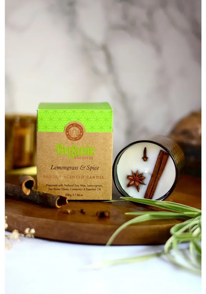 Organiczna świeca kadzidlana Lemongrass &Spice 200 g w szklanym słoiku ze złotą folią