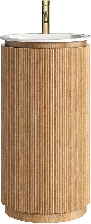 Okrągła szafka podumywalkowa prążkowana do postawienia z litego drewna z umywalką wpuszczaną i baterią - Jasny naturalny - 45 x 45 x 85 cm - NEFIS