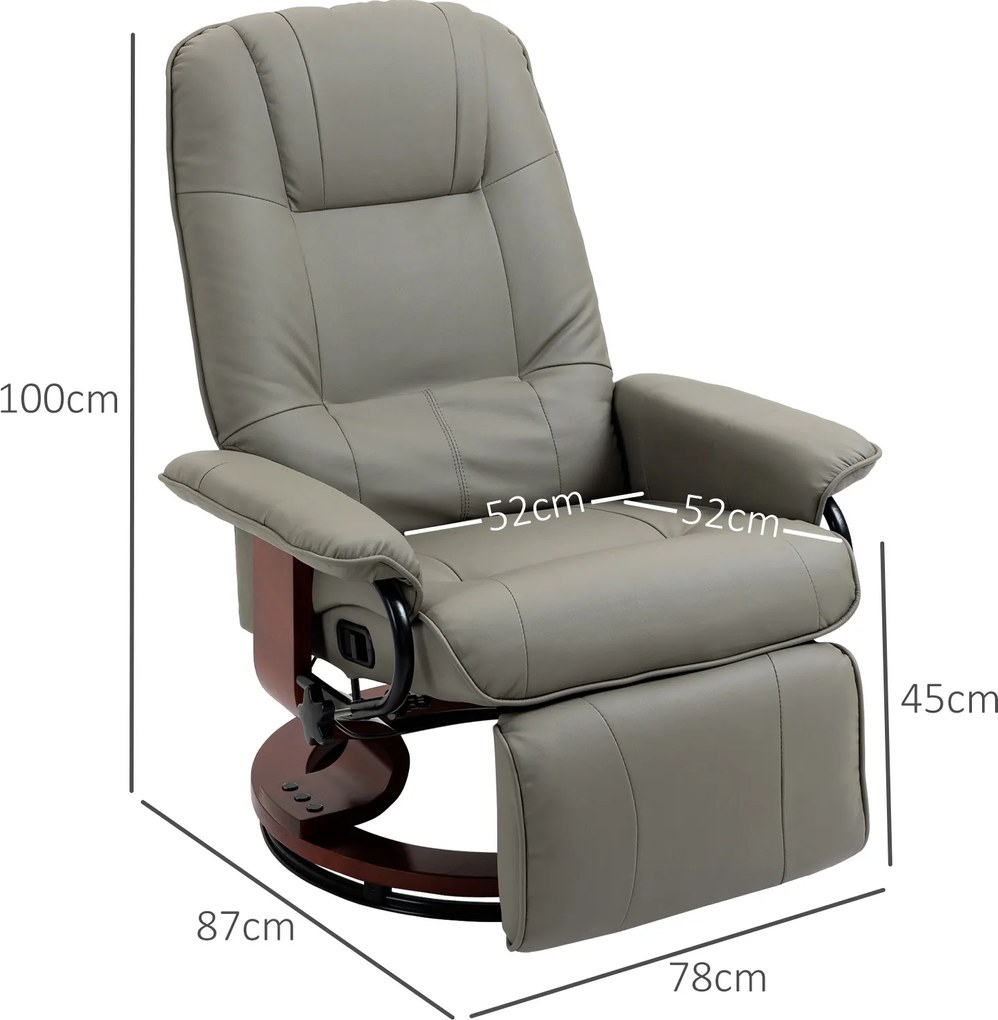 HOMCOM Fotel Relaksacyjny TV Obracany 360°, Neigbar do 145°, Skóra Ekologiczna, Szary, 78 x 87 x 100 cm