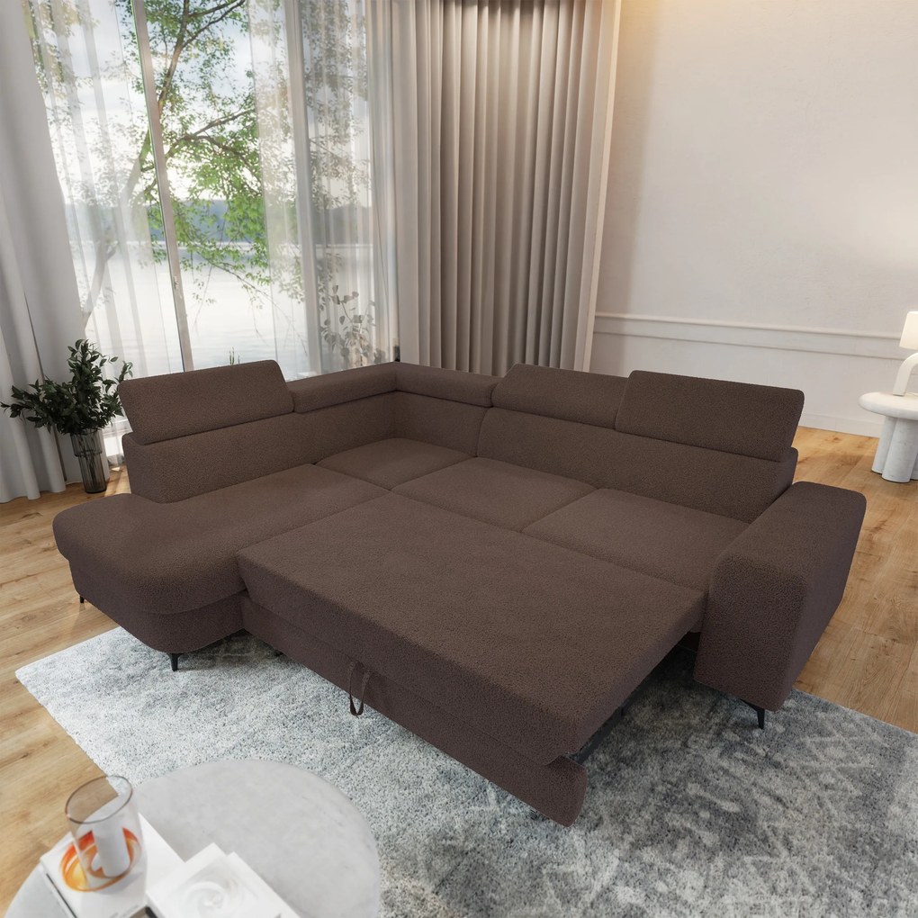 Masseno Narożnik ALVORO z funkcją spania i pojemnikiem na pościel Narozniki L, Rozkładana sofa - Brązowy, QUELLE 25