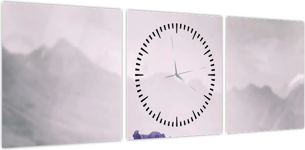 Obraz - Fioletowe kwiaty w górach (z zegarem) (90x30 cm)
