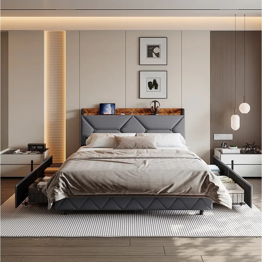 Łóżko 160×200 cm z drewna i metalu, ergonomicznym zagłówkiem, przestrzenią do przechowywania, portami USB/Typ-C i 4 szufladam