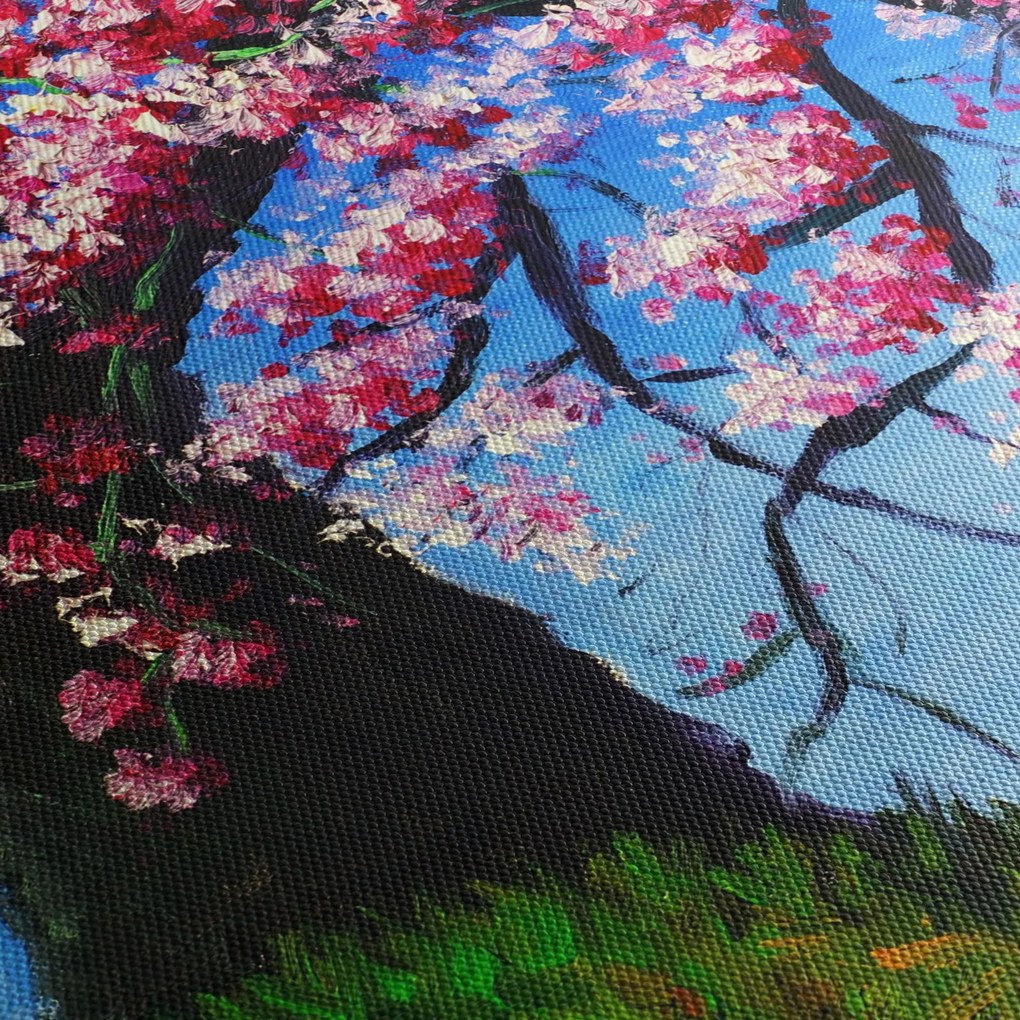 Obraz malowanego kwiatu wiśni (z zegarem) (90x30 cm)