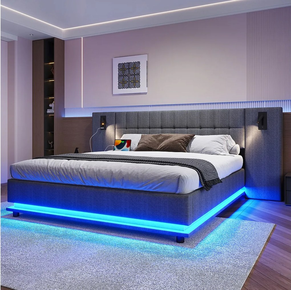 Łóżko tapicerowane dwuosobowe - 180 x 200 cm - z diodami LED + zagłówek z oświetleniem + USB - len - szary
