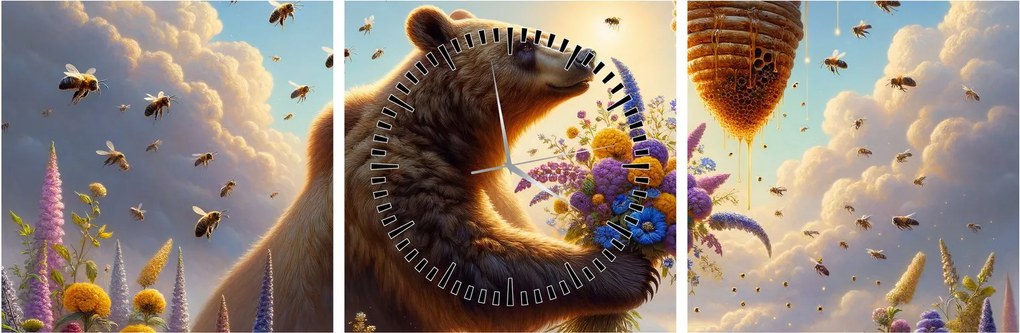 Obraz - Niedźwiedź i pszczoły (z zegarem) (90x30 cm)