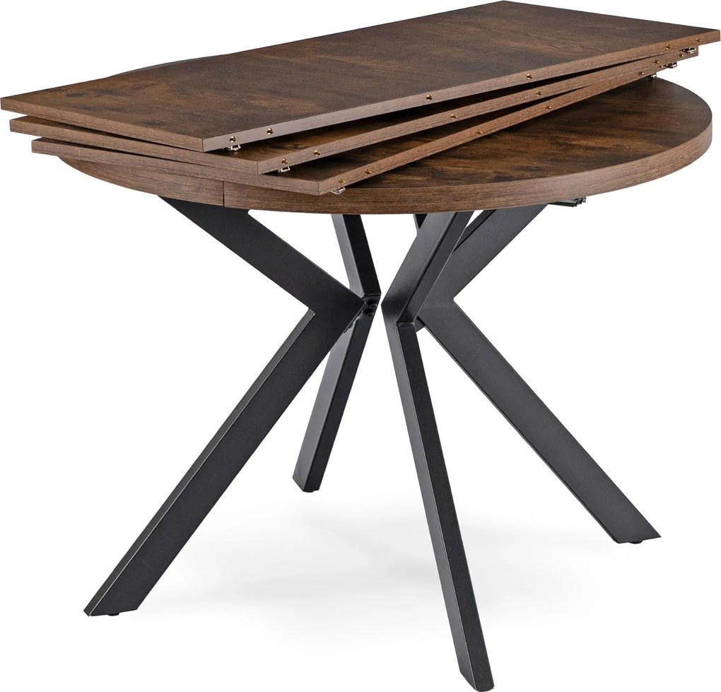 Zestaw Stół Okrągły Rozkładany LUKAS 100-250 cm Dąb Rustykalny/Czarny i 4 Krzesła Tapicerowane RICK Szare Welurowe Nowoczesne