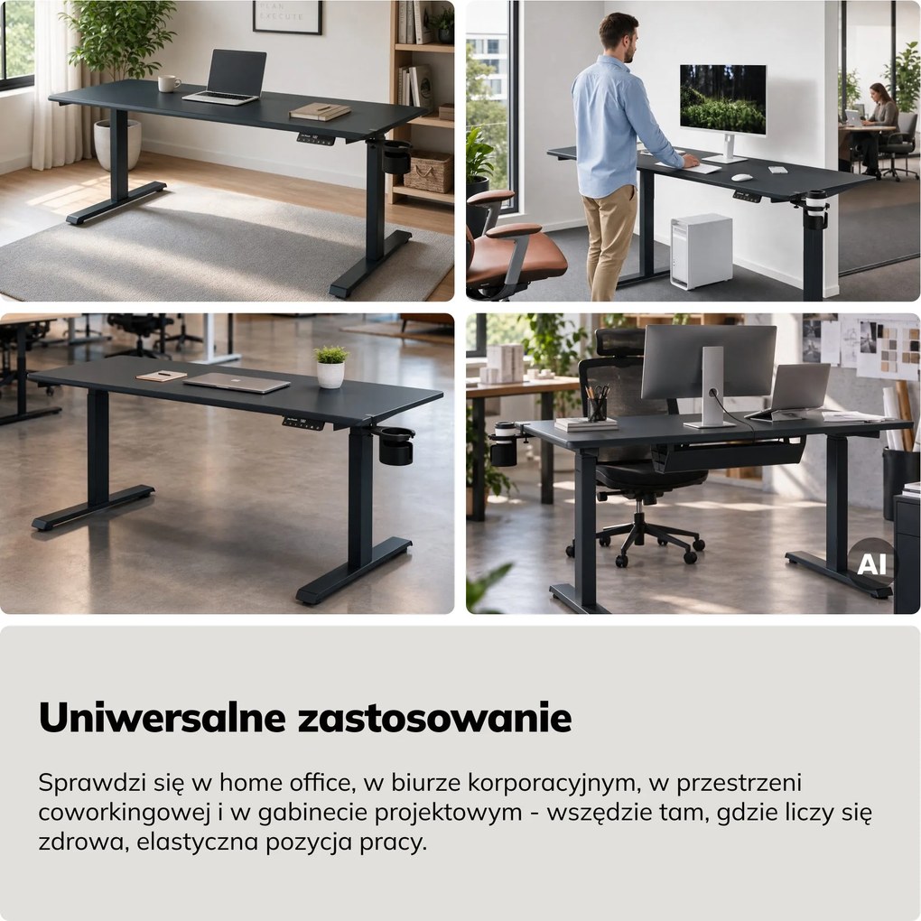 Biurko elektryczne z regulacją wysokości ergonomiczne antracytowe,1600x800 mm: ARIA