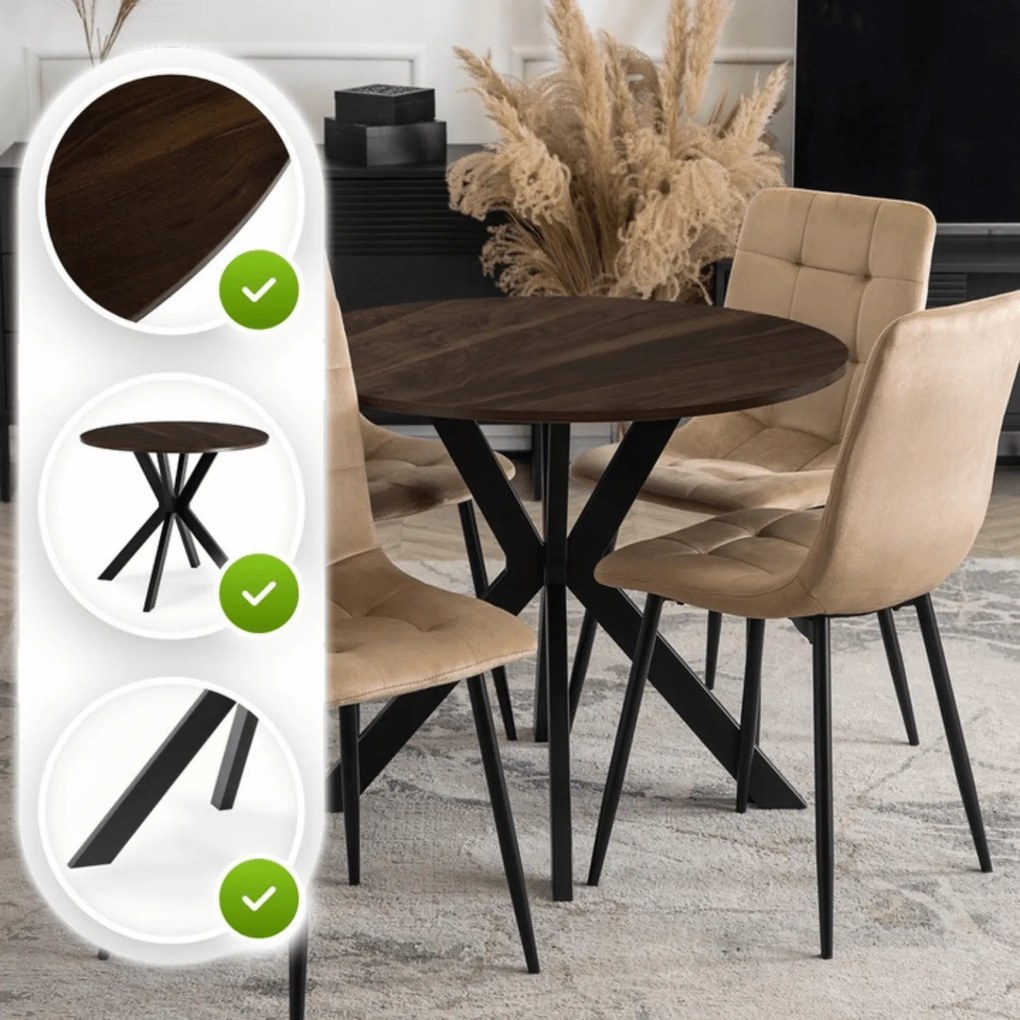 Stół Okrągły LAUREN 80 cm Orzech/Czarny Loft Nowoczesny