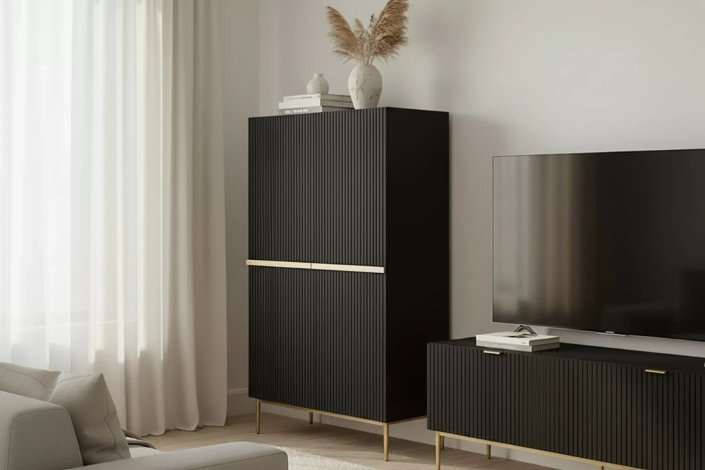 Komoda wysoka Nicole 100 cm - czarny mat / złote nóżki
