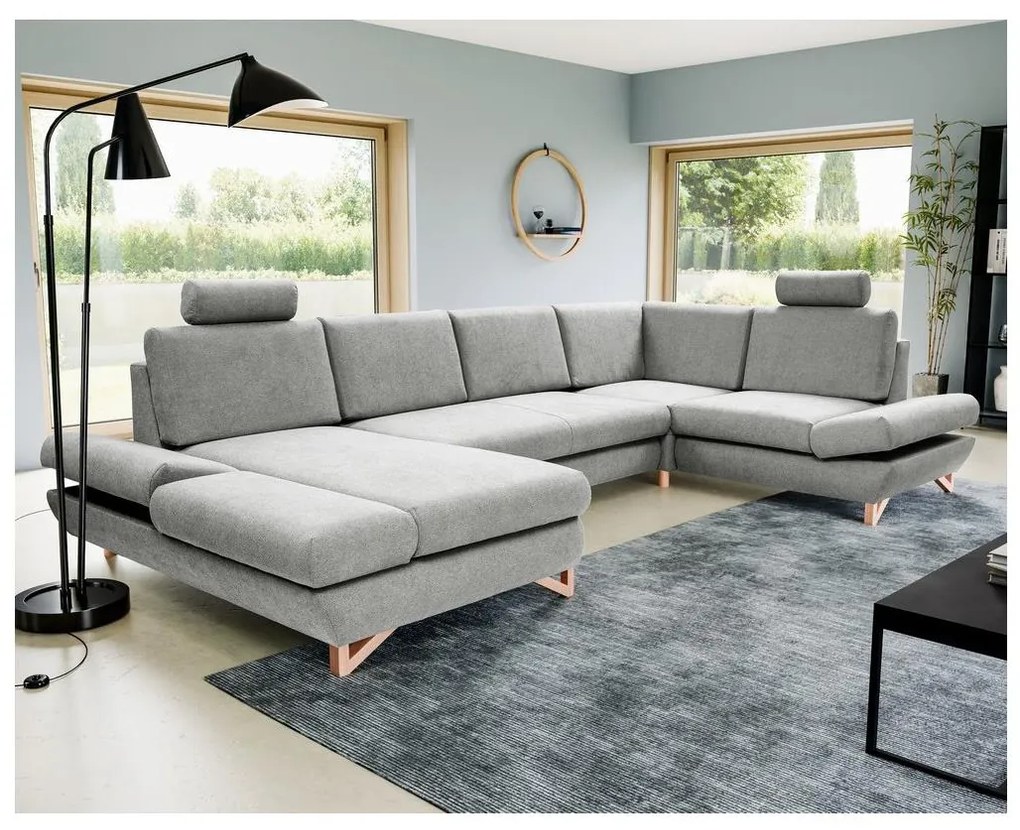 Narożna rozkładana sofa tapicerowana w kształcie U AVESTA, szara, z pojemnikiem na pościel
