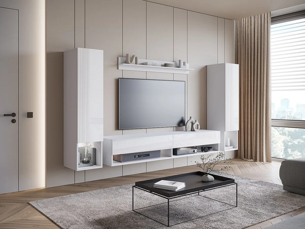 Nowoczesna meblościanka z LED – zestaw wiszący do salonu 2 słupki + szafka RTV 180 cm + półka, korpus biały mat, fronty biały połysk