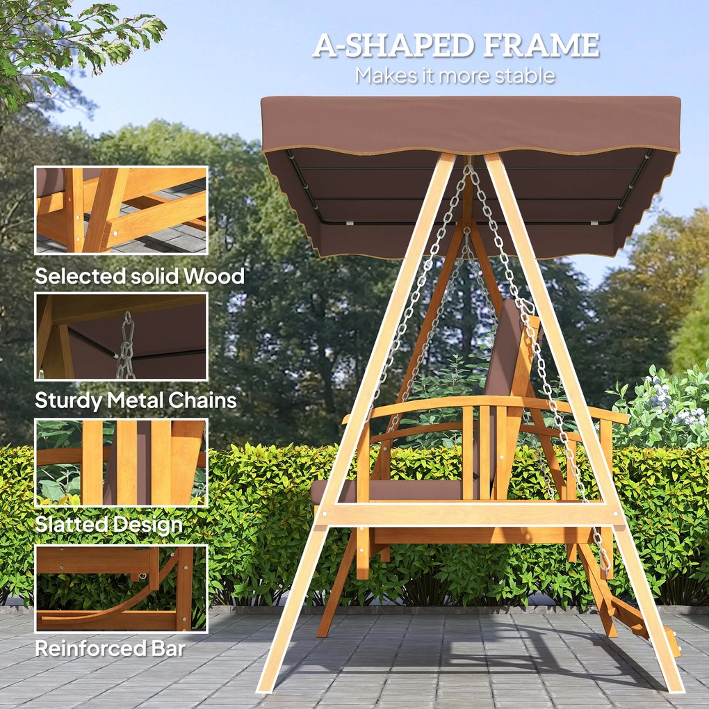 Outsunny Huśtawka Ogrodowa z Daszkiem, Drewniana, z Funkcją Leżanki, na 3 Osoby, Brąz