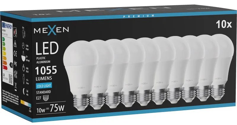 Mexen Nova 10x żarówka LED E27, A60, 10W, Zimna - 6500K, 1055 lm - L100-E27-1065-01x10