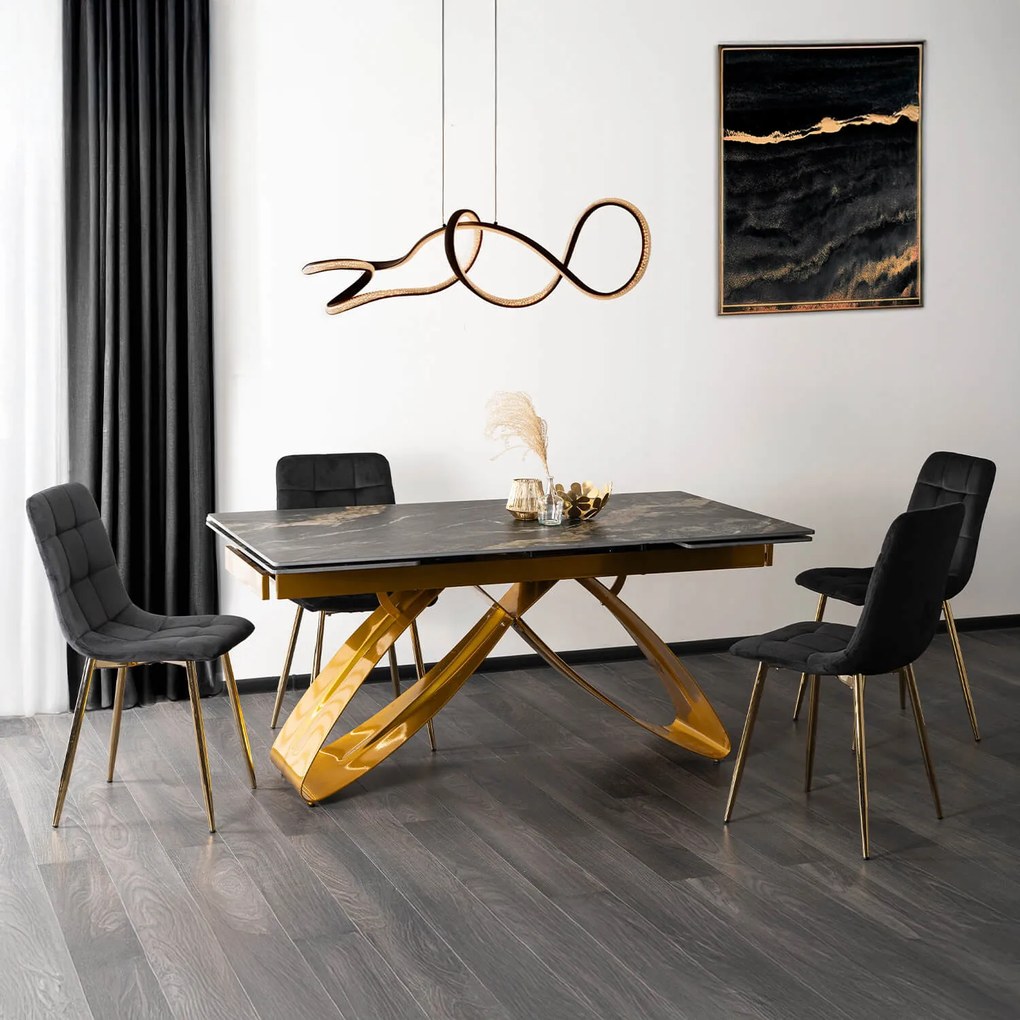 Zestaw Stół Rozkładany LUIGI 160-240 cm Czarny Marmur/Złoty i 4 Krzesła Tapicerowane YORK Czarne Glamour