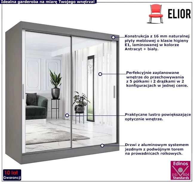 Szafa przesuwna z lustrem 180 cm antracyt + biały - Kukkin 5X