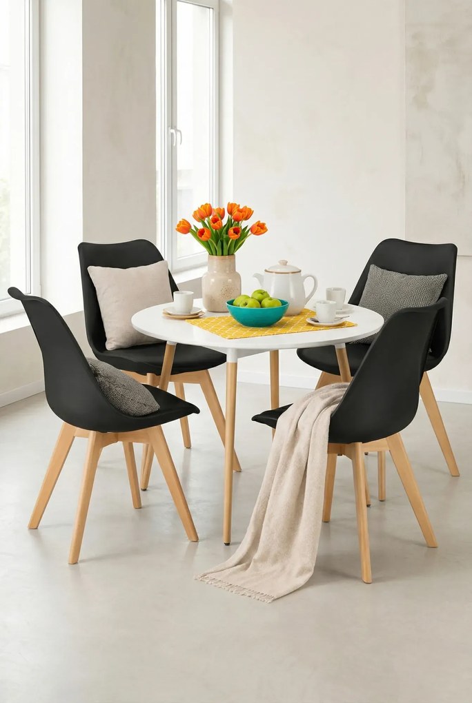 Biały stół + 4 nowoczesne czarne krzesła K6-S74